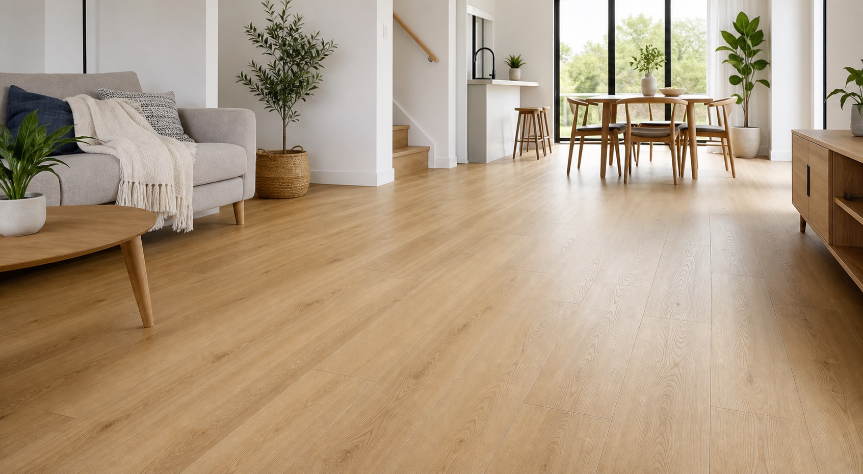 Modern living and dining room with timber-look SPC flooring