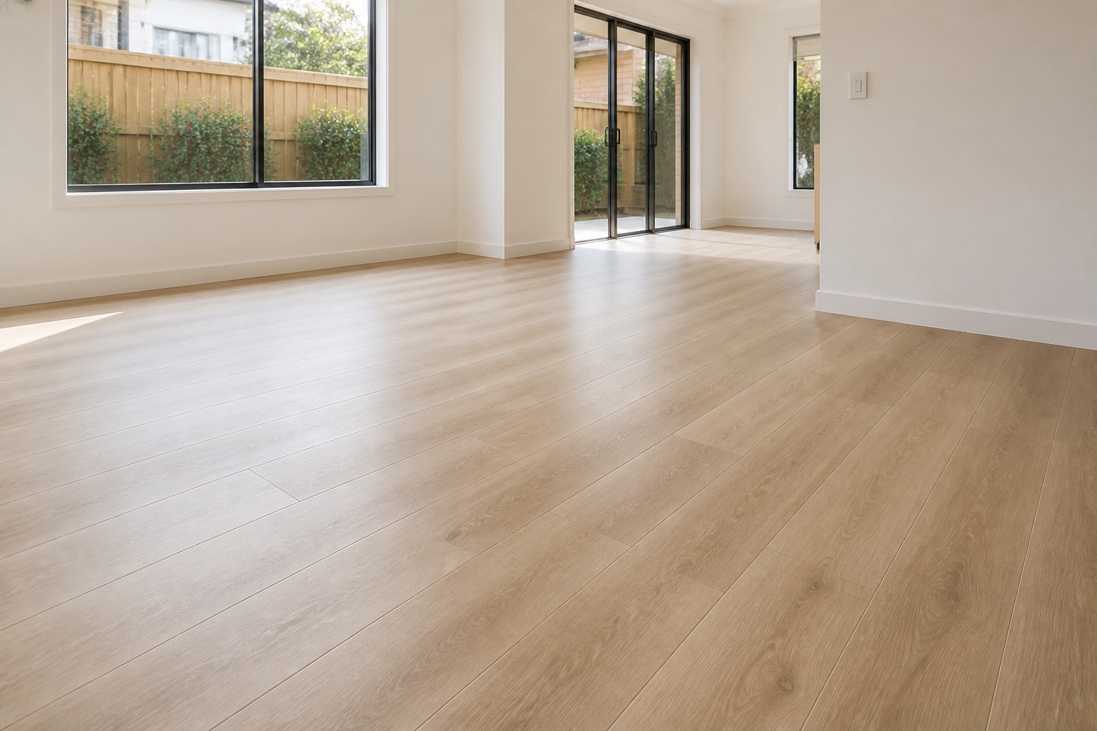 Renovated empty room with light timber-look SPC flooring